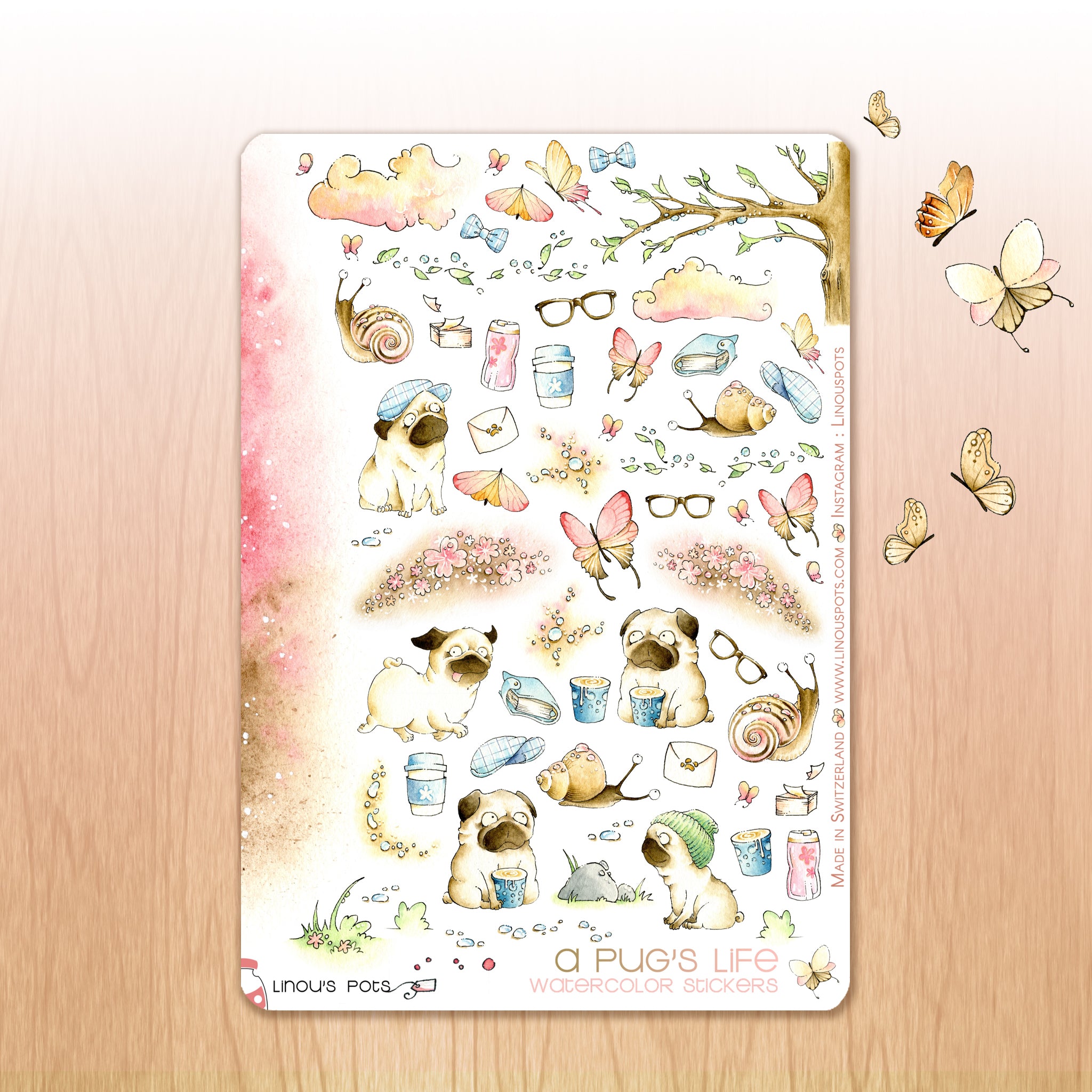 A Pug&#39;s Life - Decorative Watercolor Stickers - Pugs, Snails, Nature