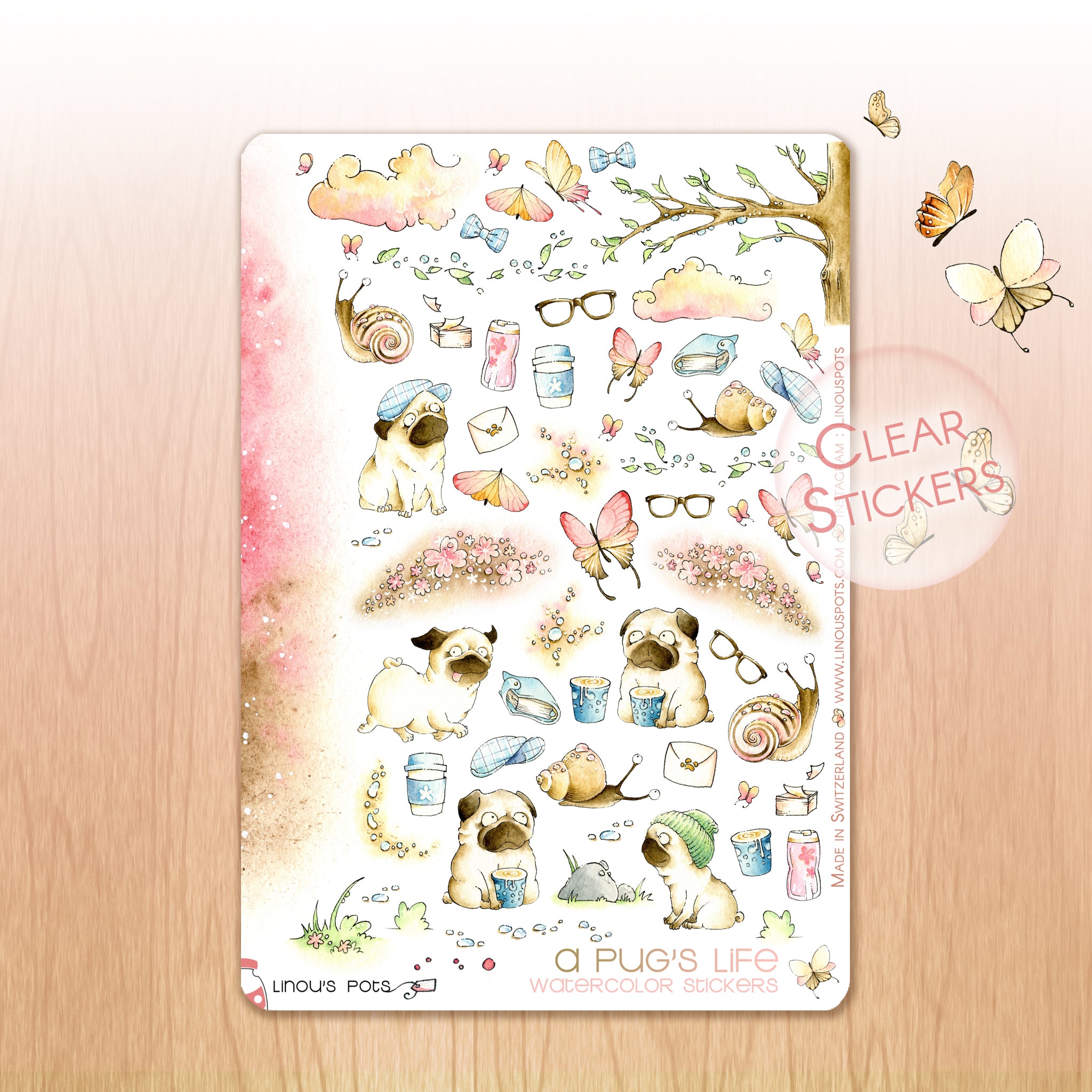 A Pug&#39;s Life - Decorative Watercolor Stickers - Pugs, Snails, Nature