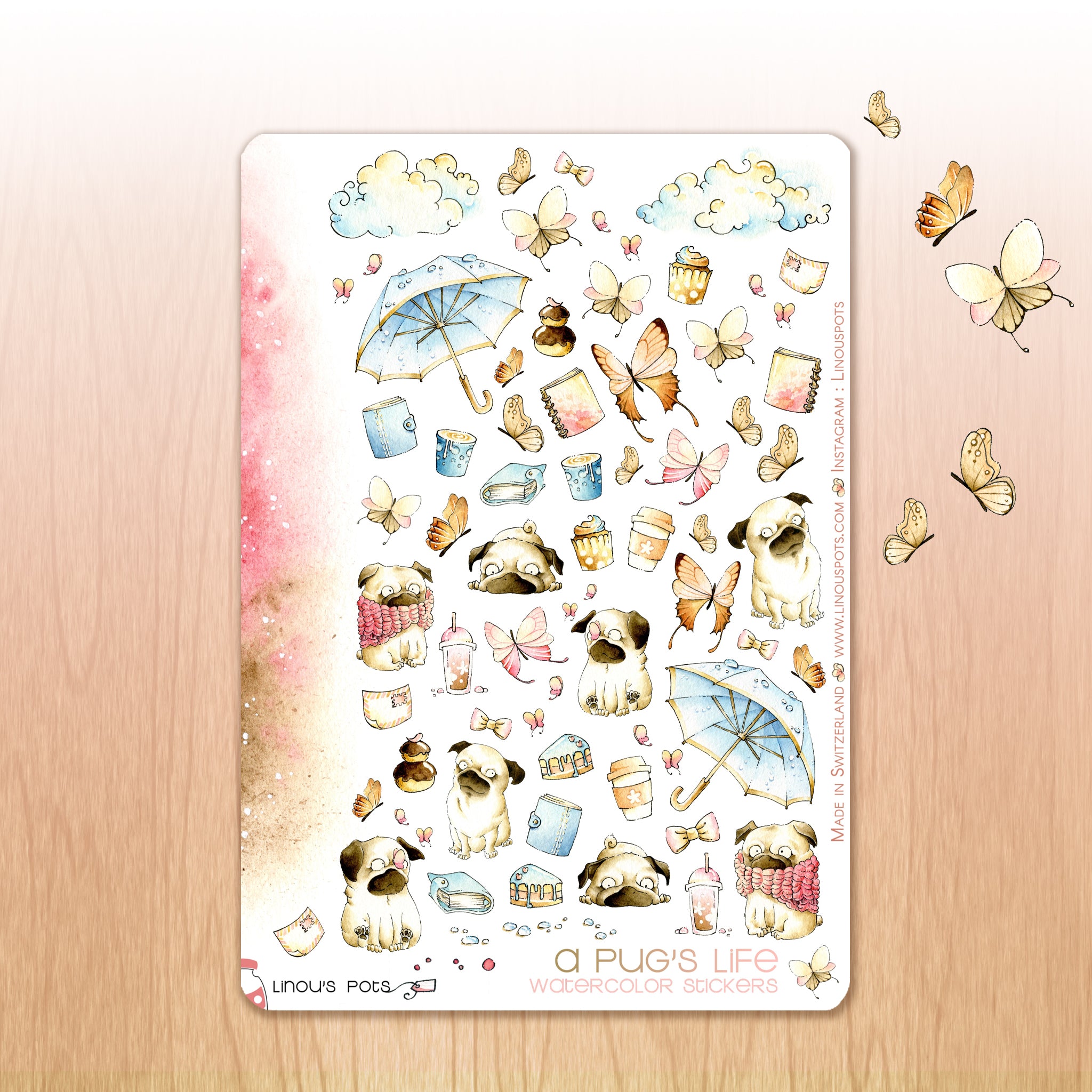 A Pug&#39;s Life - Decorative Watercolor Stickers - Pugs, Butterflies, Umbrellas