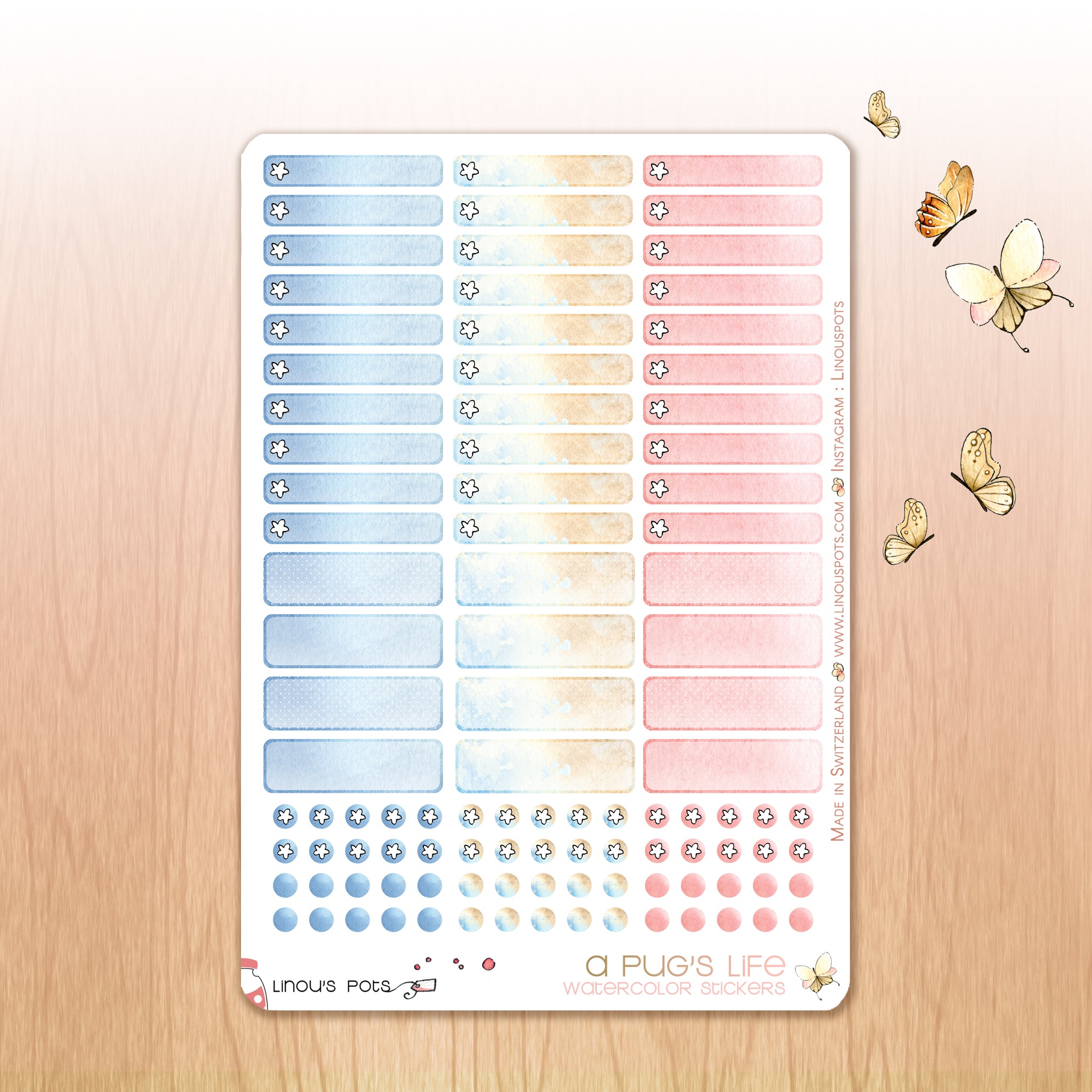 A Pug&#39;s Life - Watercolor Planner Stickers - 1,5’’ Miniboxes