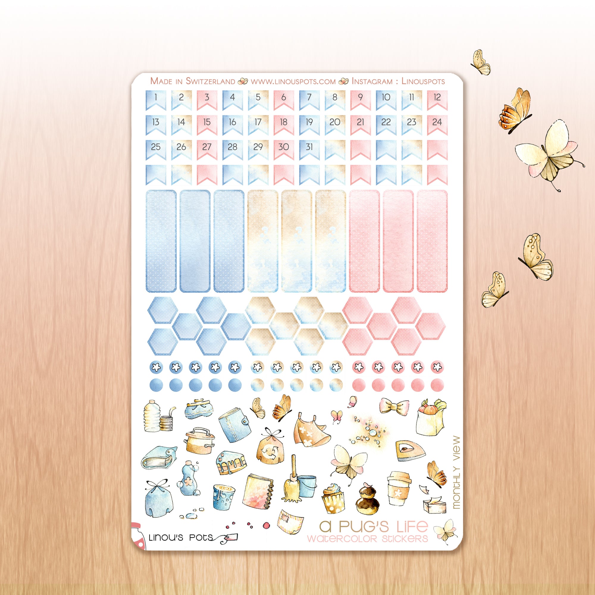A Pug&#39;s Life - Watercolor Planner Stickers - Monthly Dates