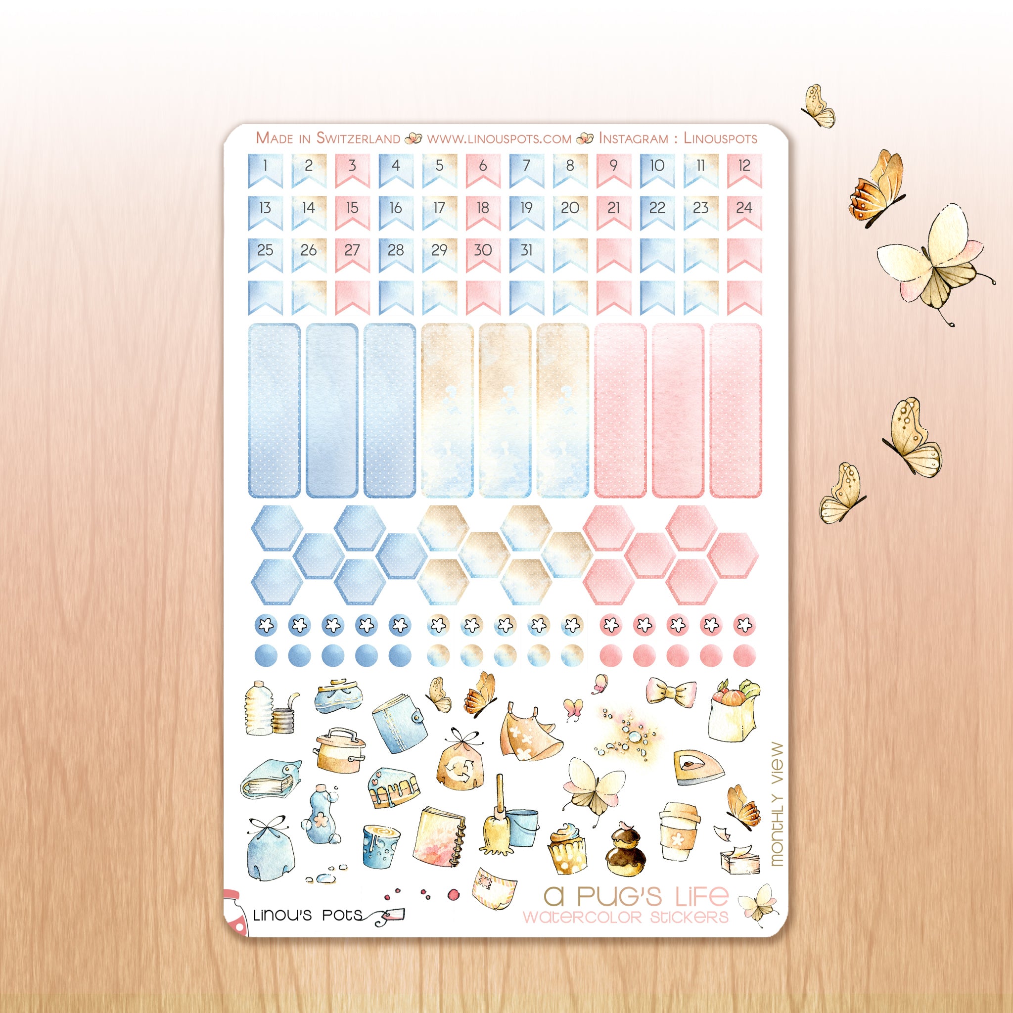 A Pug&#39;s Life - Watercolor Planner Stickers - Monthly Dates