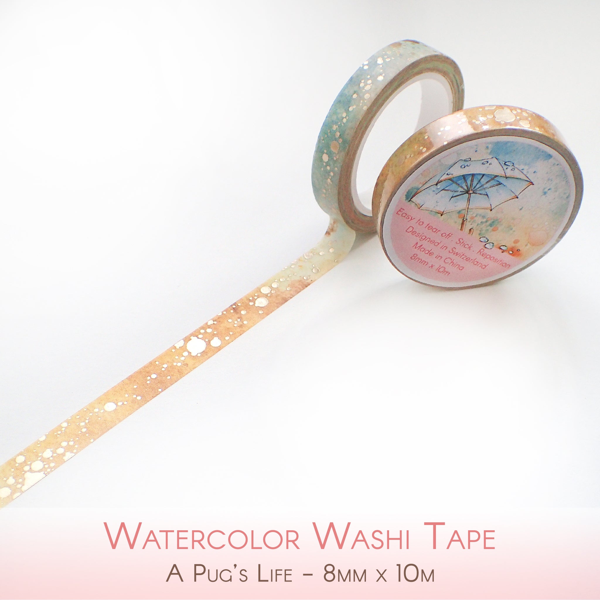 8mm wide washi tape with watercolor details and foiled accents