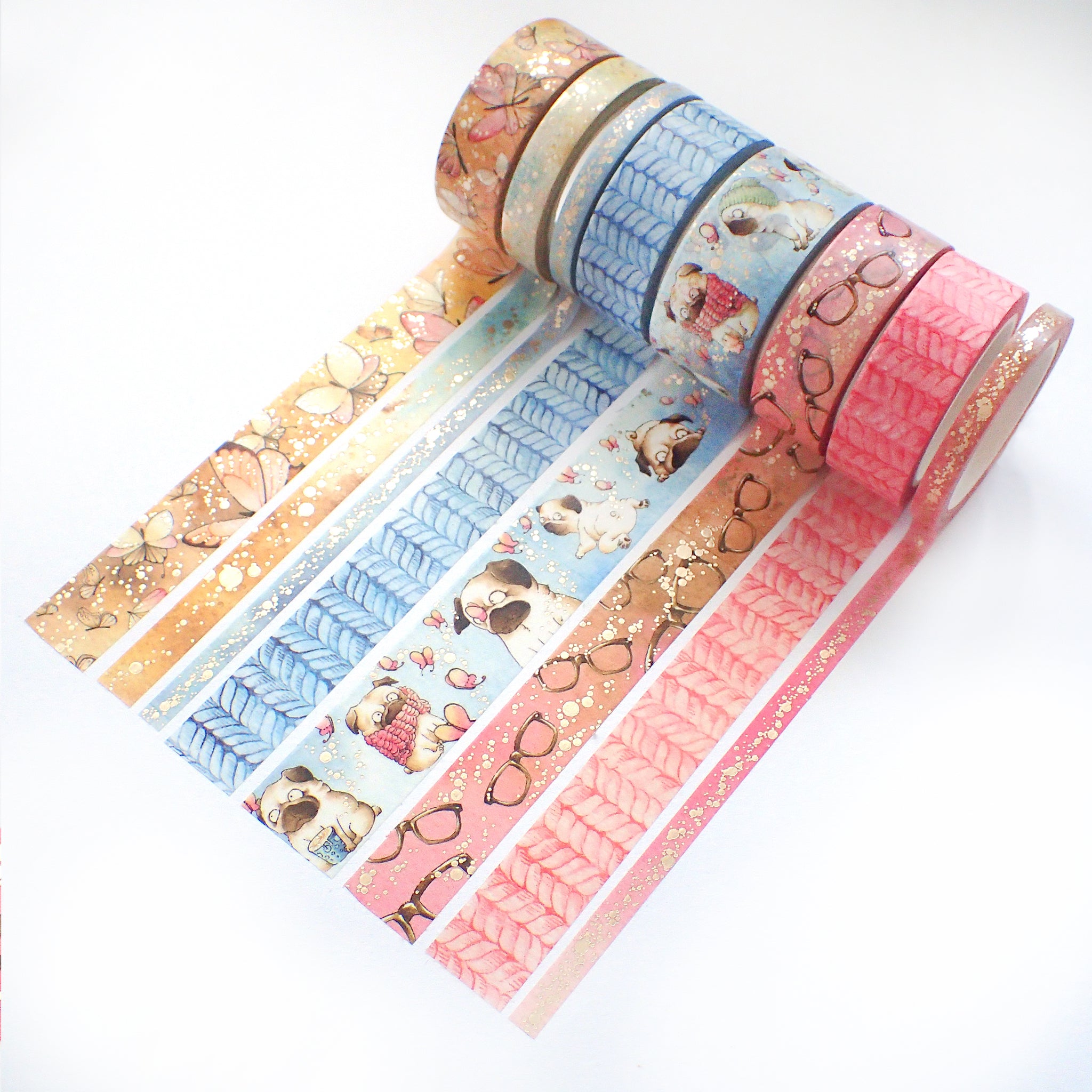 Set of 8 watercolor washi tapes, including pugs illustrations