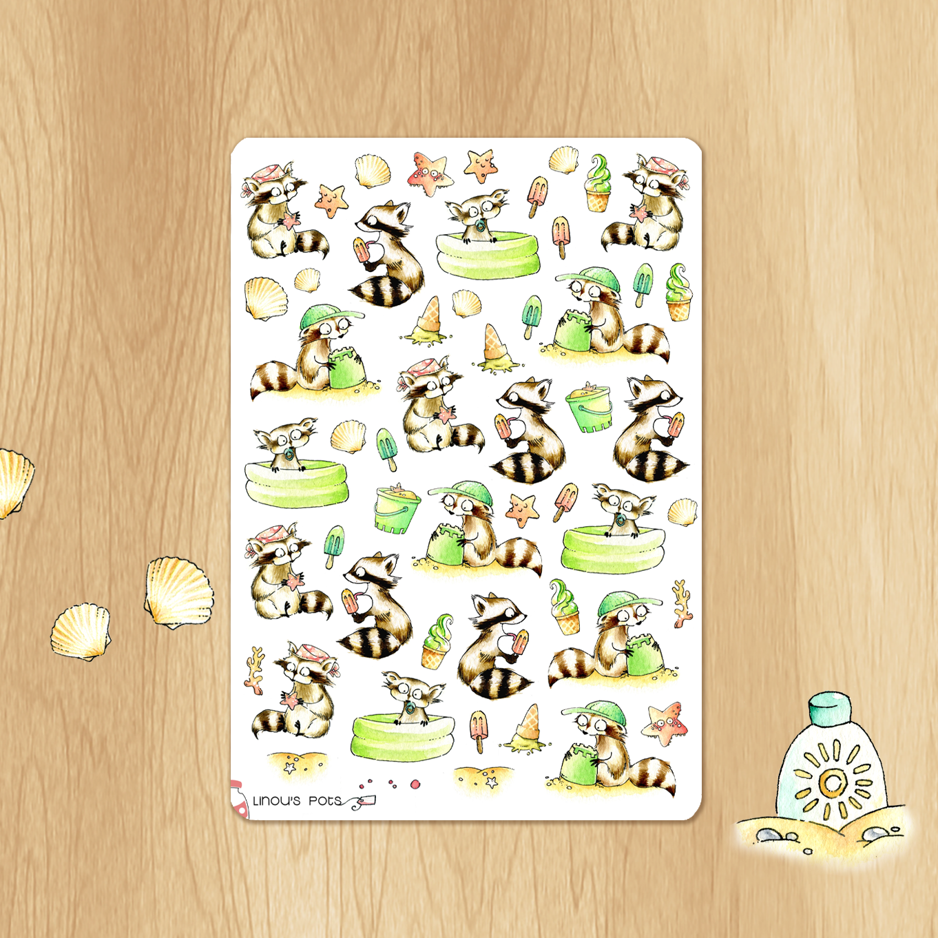 Playing In The Sand - Decorative Watercolor Stickers - Raccoons at the Beach