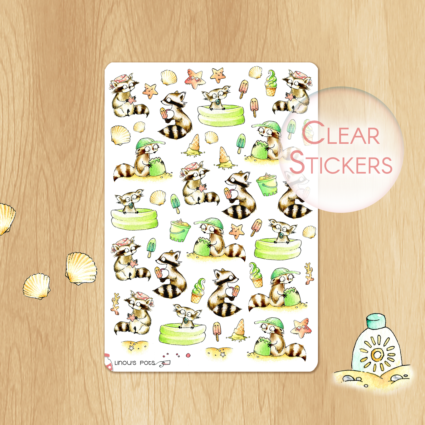 Playing In The Sand - Decorative Watercolor Stickers - Raccoons at the Beach