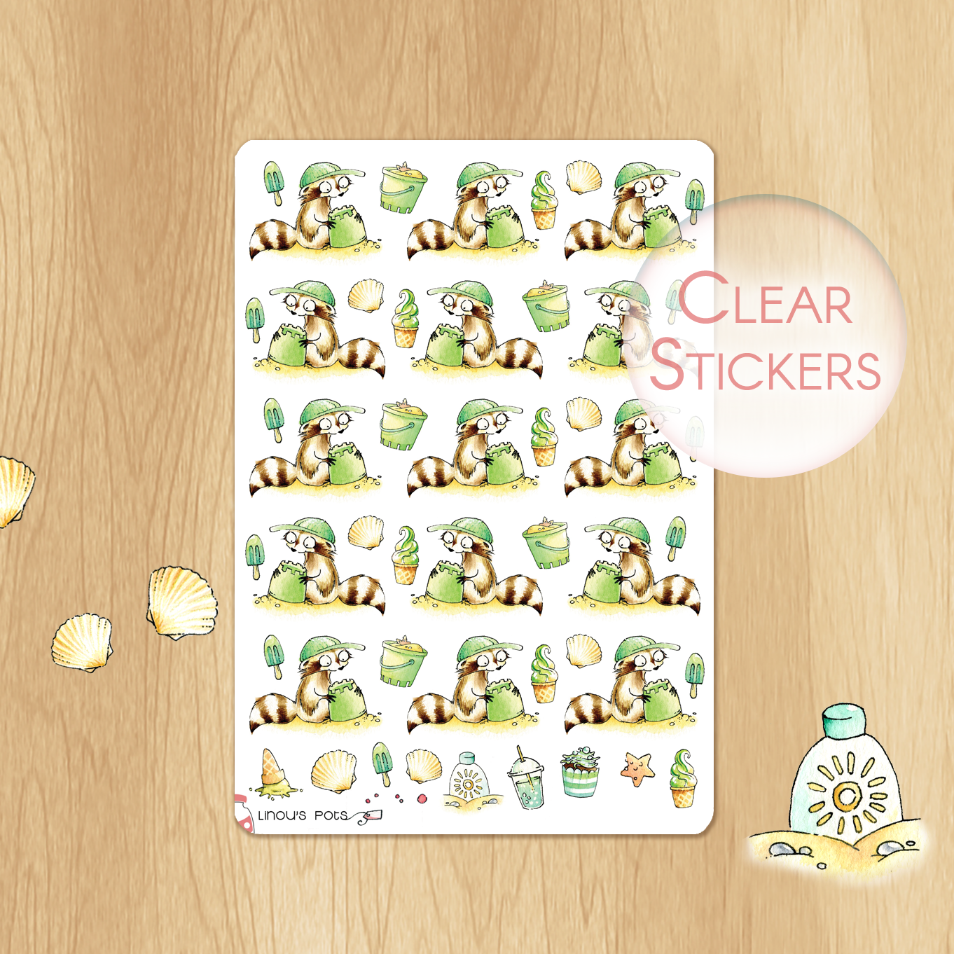 Playing In The Sand - Decorative Watercolor Stickers - Junior Raccoon Playing