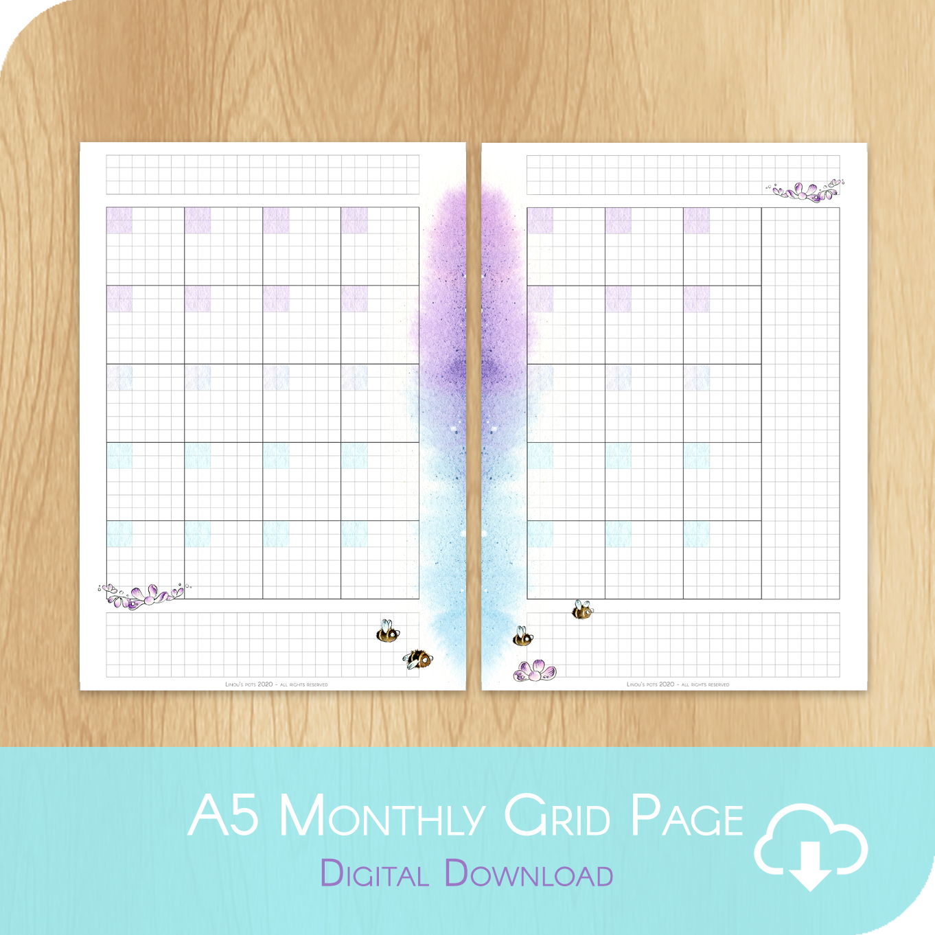 Buzzing In The Rain - Printable A5 Grid Undated Monthly - 1 Month on 2 Pages