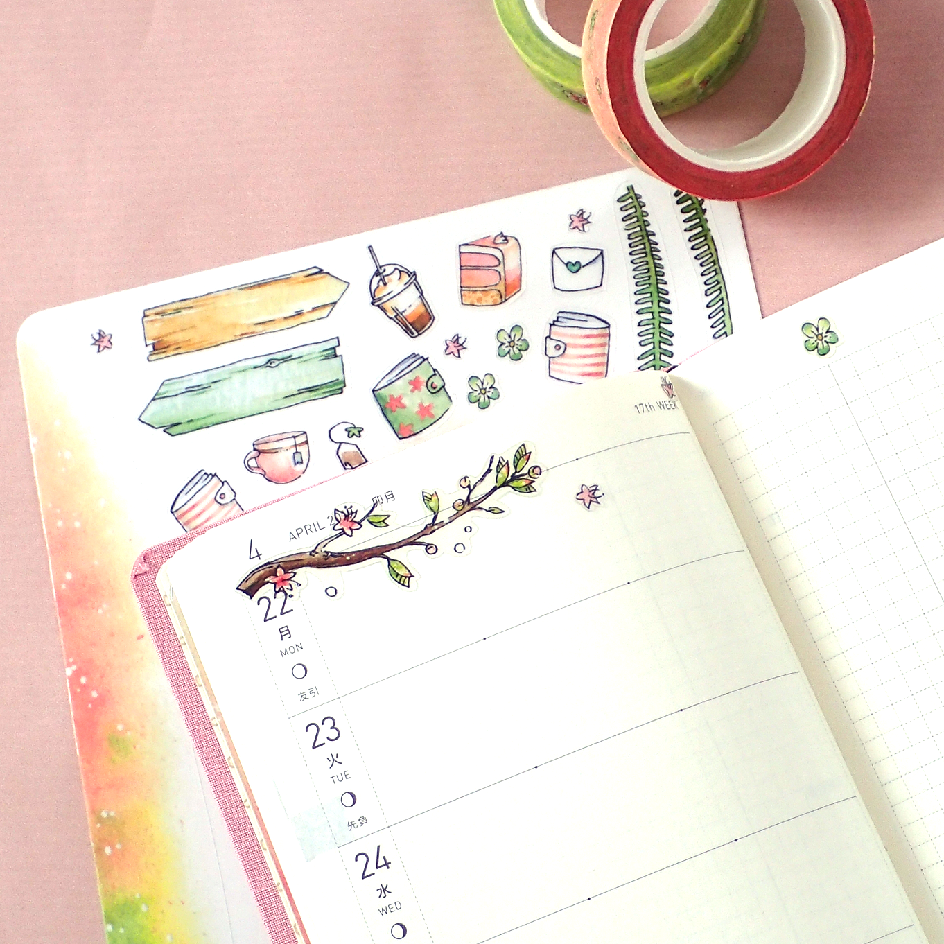 Watercolor Stickers Medley for Spring Time in Pink and Green &quot;Be Creative&quot;