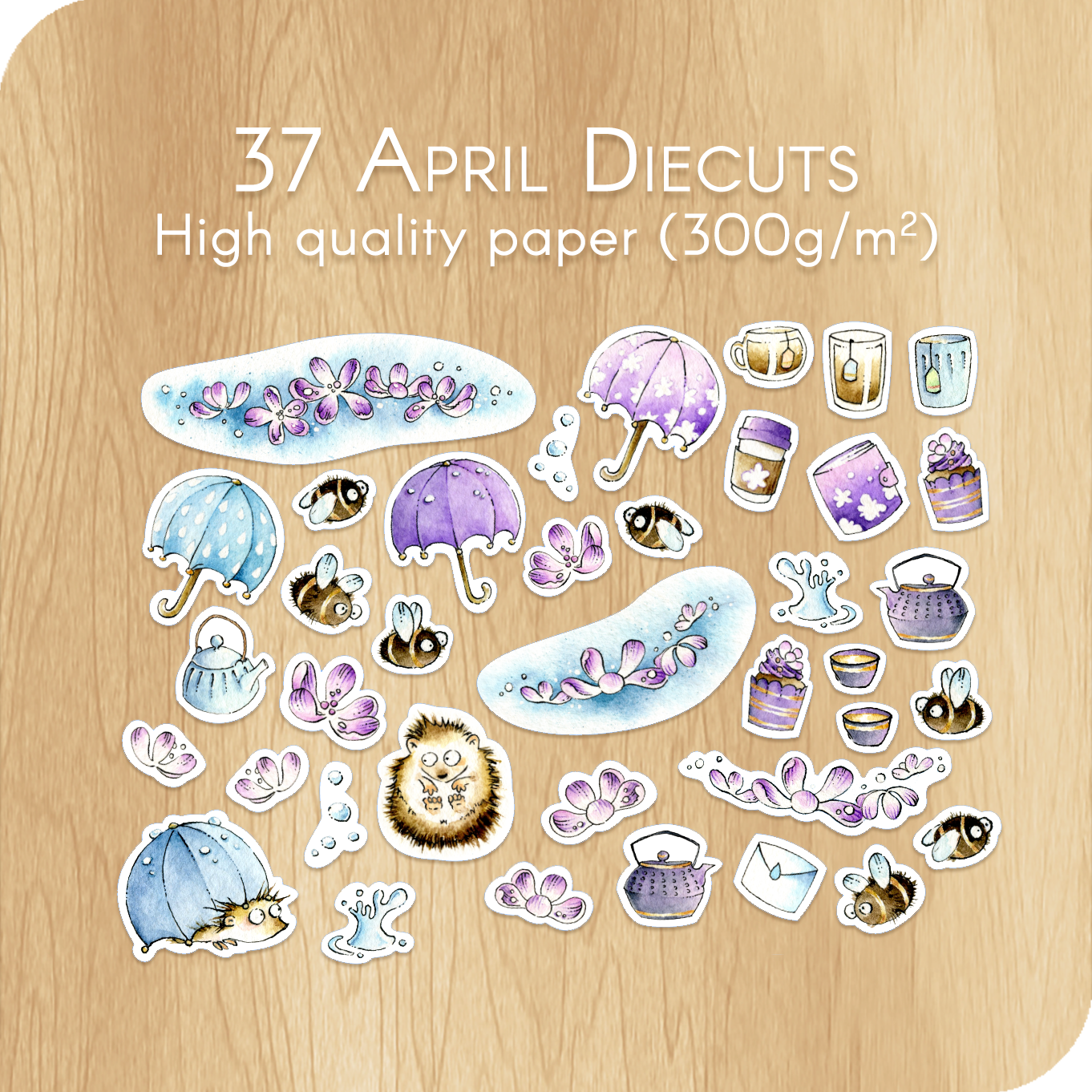 37 die cuts with bees, hedgehogs ans umbrellas