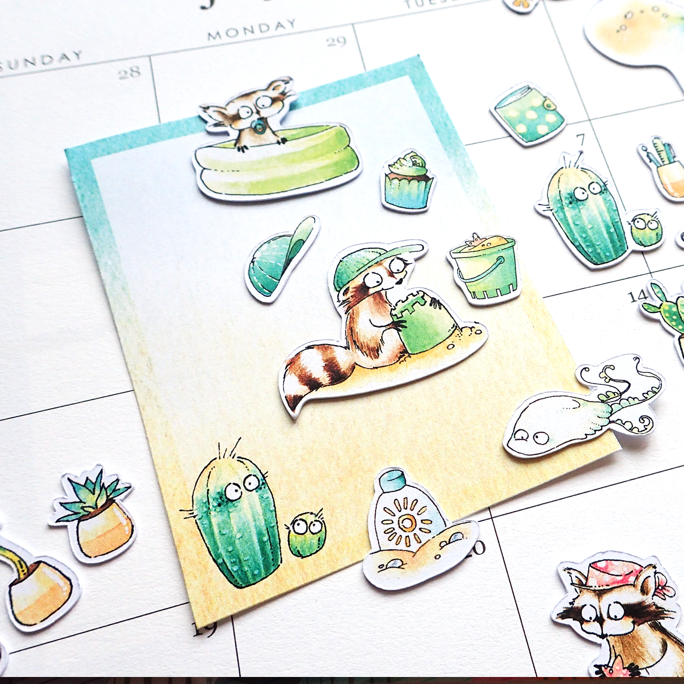 Playing In The Sand - 29 Watercolor Diecuts Including Raccoons, Cactus and Succulents