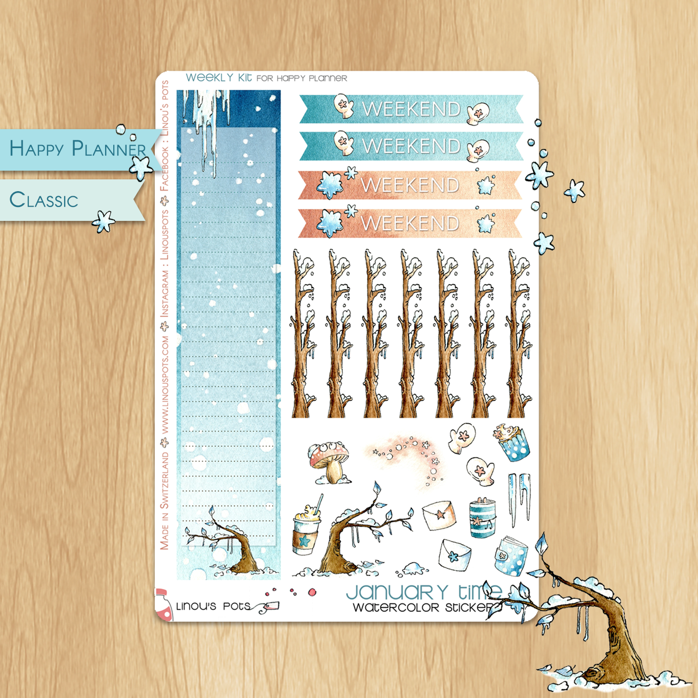 Frosty Times - Watercolor Planner Stickers - 1 Sidebar and 7 Checklists