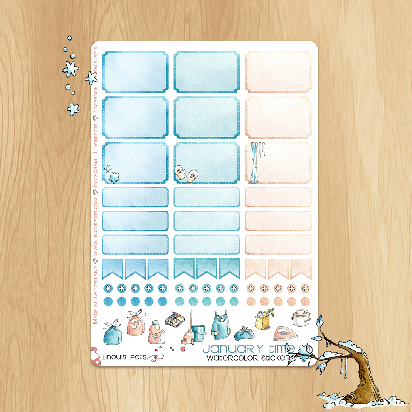 Frosty Times - Watercolor Planner Stickers - 1,5&#39;&#39; Hemiboxes and Eventboxes