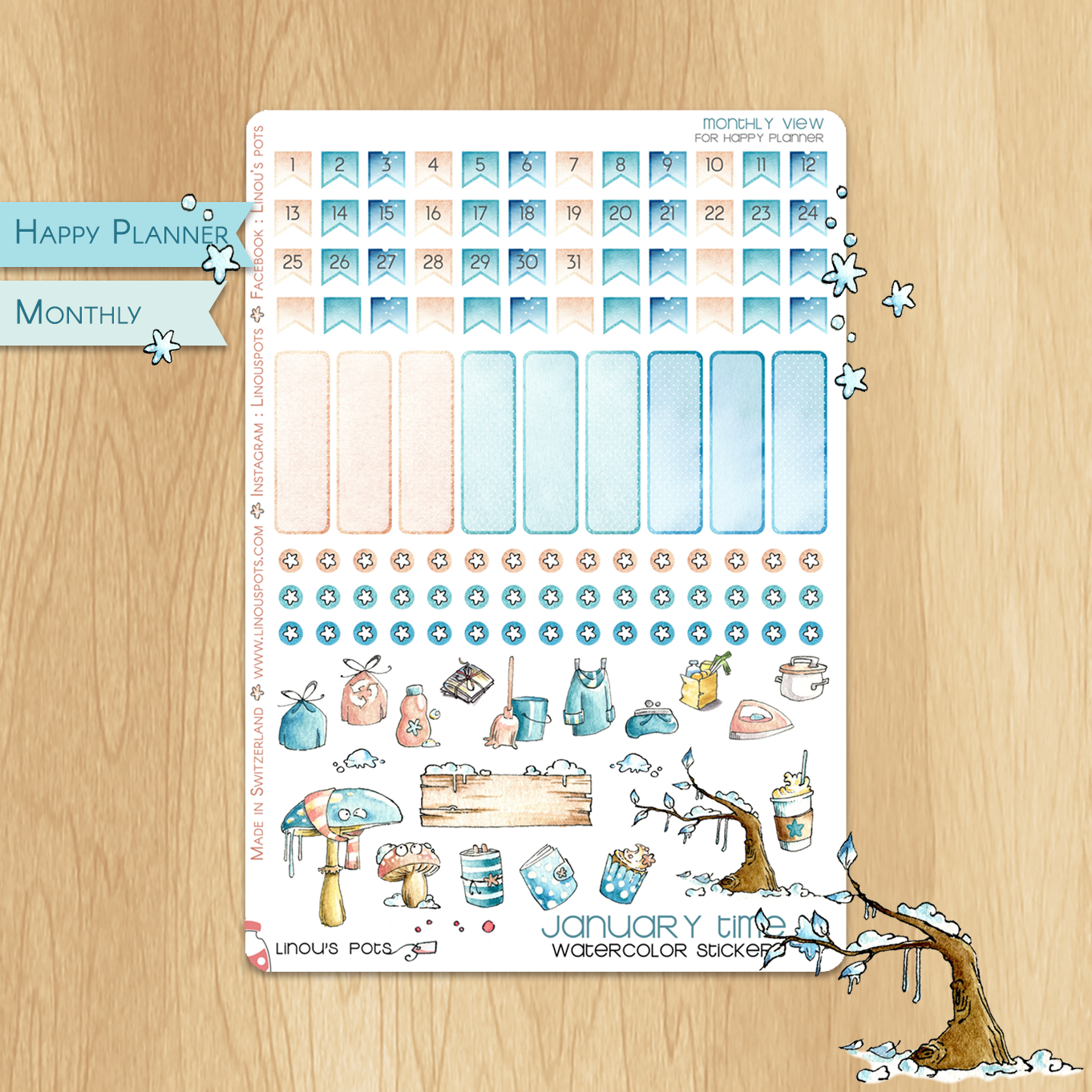Frosty Times - Watercolor Planner Stickers - Monthly Dates (ECLP &amp; HP)