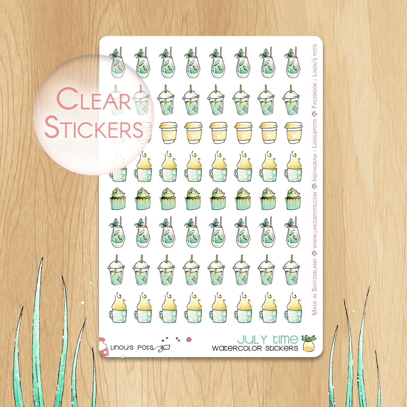 Playing In The Sand - Watercolor Decorative Stickers - Summer Beverages, Cupcakes and Cocktails