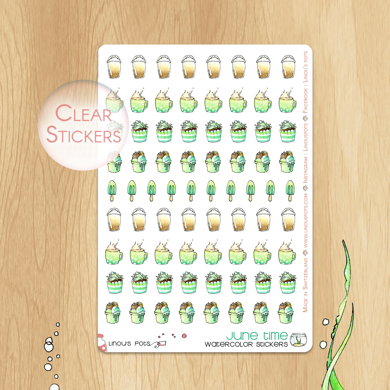 Happy Otters - Decorative Watercolor Stickers - Drinks and Ice Creams
