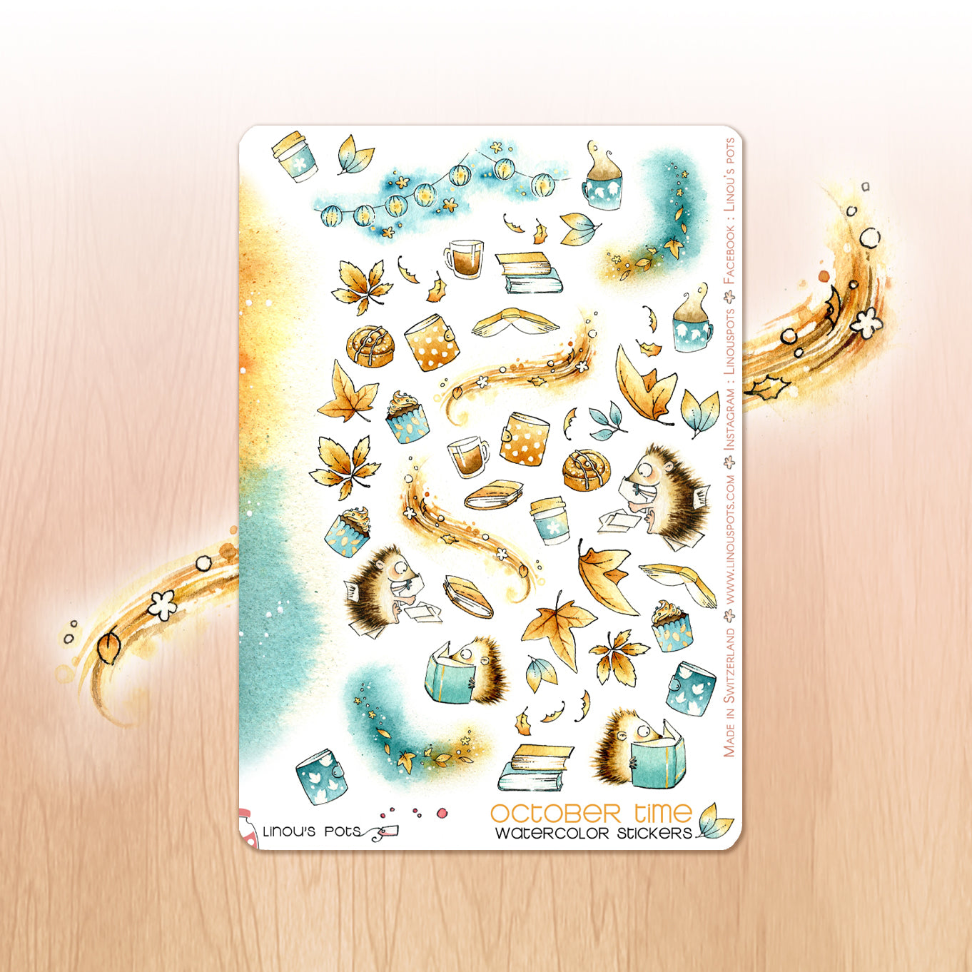 Watercolor stickers with hedgehogs und fall leaves