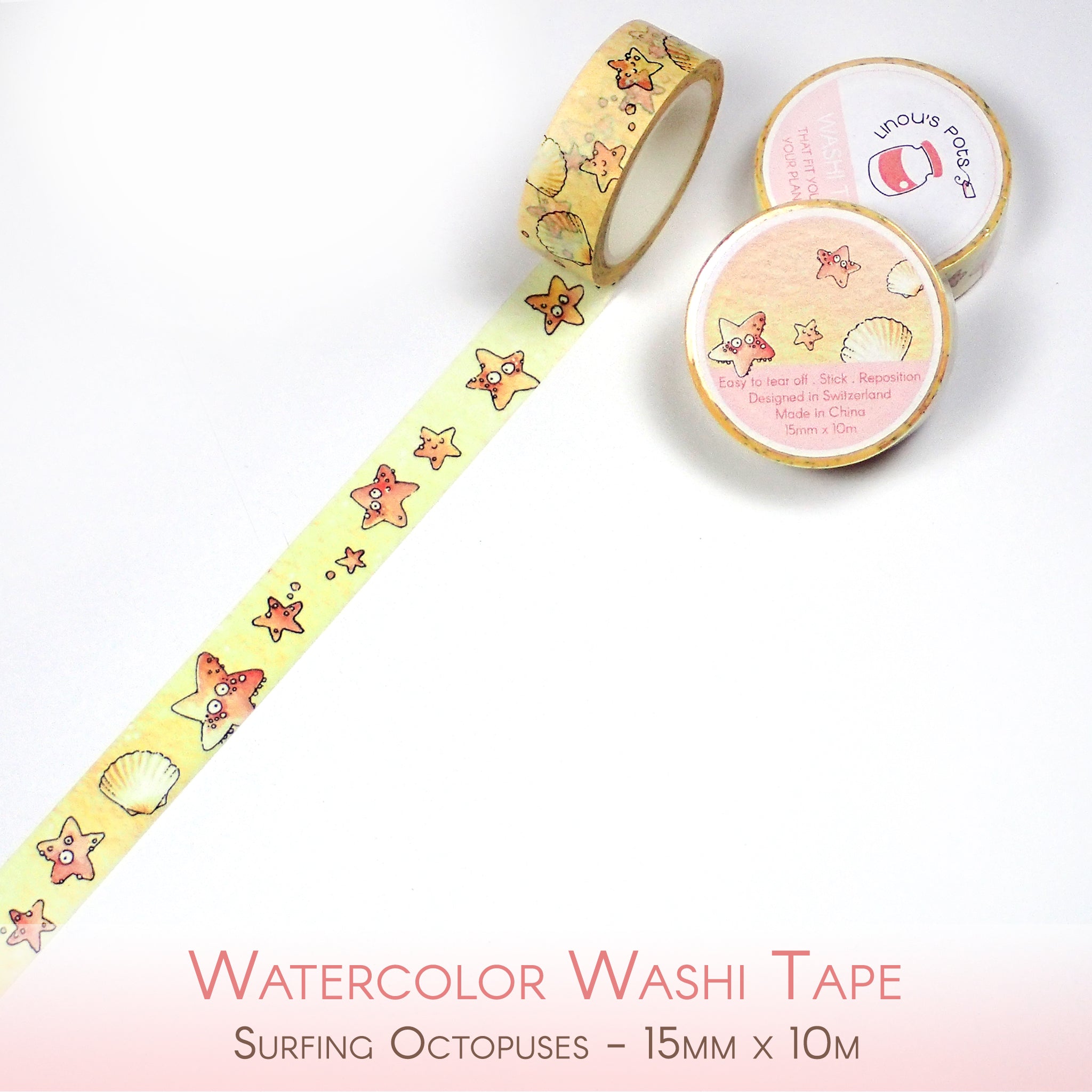 Surfing Octopuses - Watercolor Washi Tapes - Sea Stars and Shells